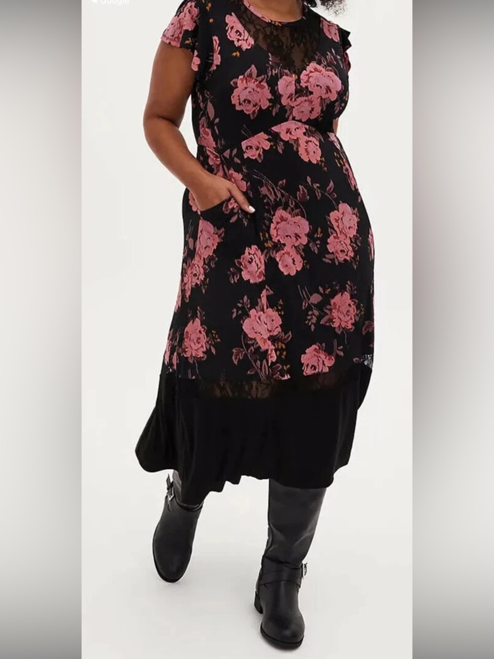 NWT Torrid Black Floral & Lace Midi Dress with Pink Roses
